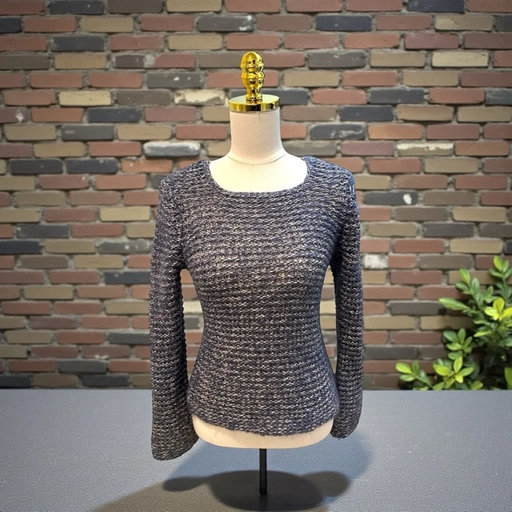 J.Jill Women’s Marled Open Knit Square Neck Flare Sleeve Blue/Gray Sweater Sz XS